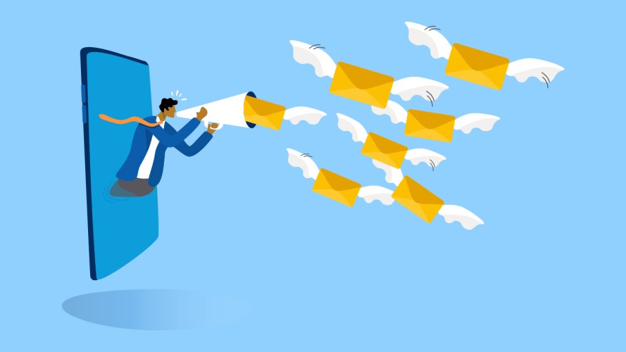 Illustration on a blue background of a male office worker screaming into a megaphone, as envelopes with wings fly out / marketing campaign