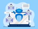 Illustration on a blue background of a robot coming out of a laptop screen, with emails and messages surrounding the robot / email workflow