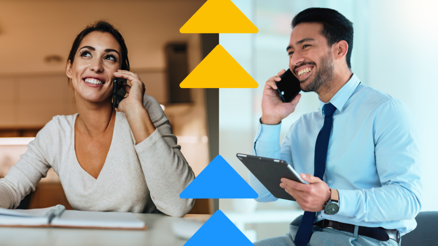 A woman and a man holding phones while talking to each other on a sales call.