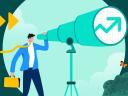 Sales leader looking through a telescope at an arrow going up: sales forecast