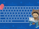 Outline of keyboard on decorative blue background. There's a heart icon on the top left of the keyboard and Astro typing at a laptop station on the bottom right corner.