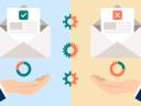 Illustration of email A/B testing: two email envelopes opened, showing different metrics of success