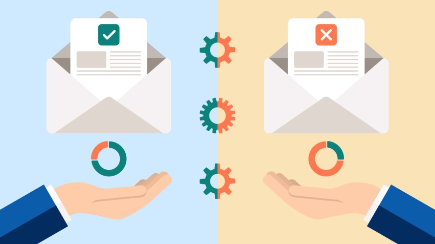Illustration of email A/B testing: two email envelopes opened, showing different metrics of success