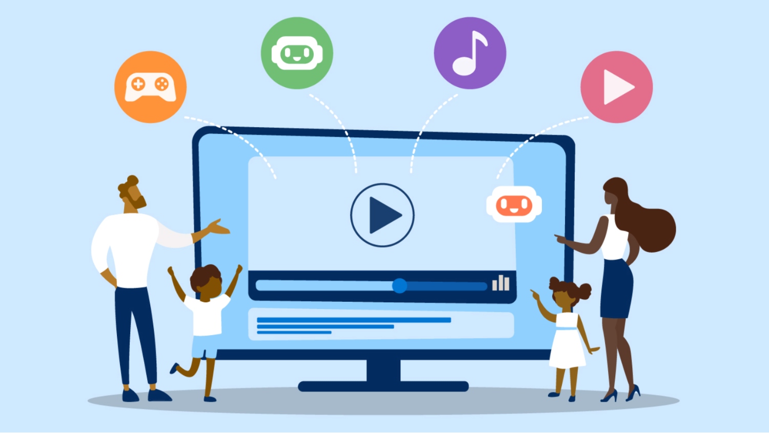 Illustration showcasing a family around their streaming service device, showing audience engagement in media.