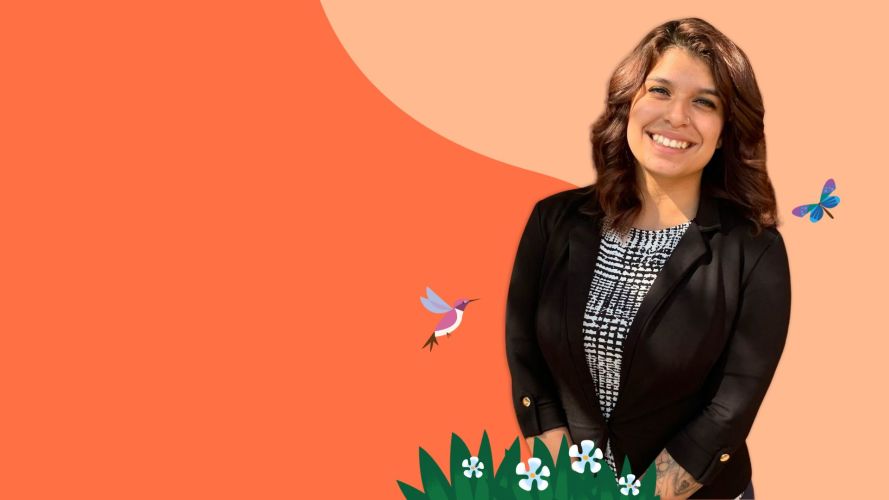 Photo of Stephanie Iraheta on an orange background.