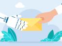 Illustration of a robot hand handing a yellow envelope to a human hand / AI email marketing