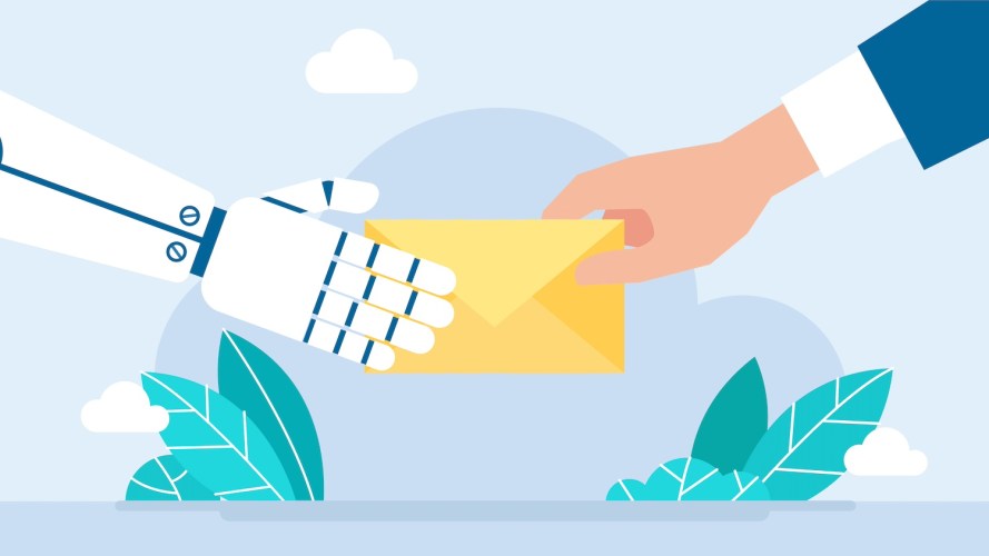 Illustration of a robot hand handing a yellow envelope to a human hand / AI email marketing