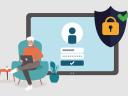 Illustration of a man sitting on a chair with his laptop, behind him is an illustration of a secure login screen / cybersecurity