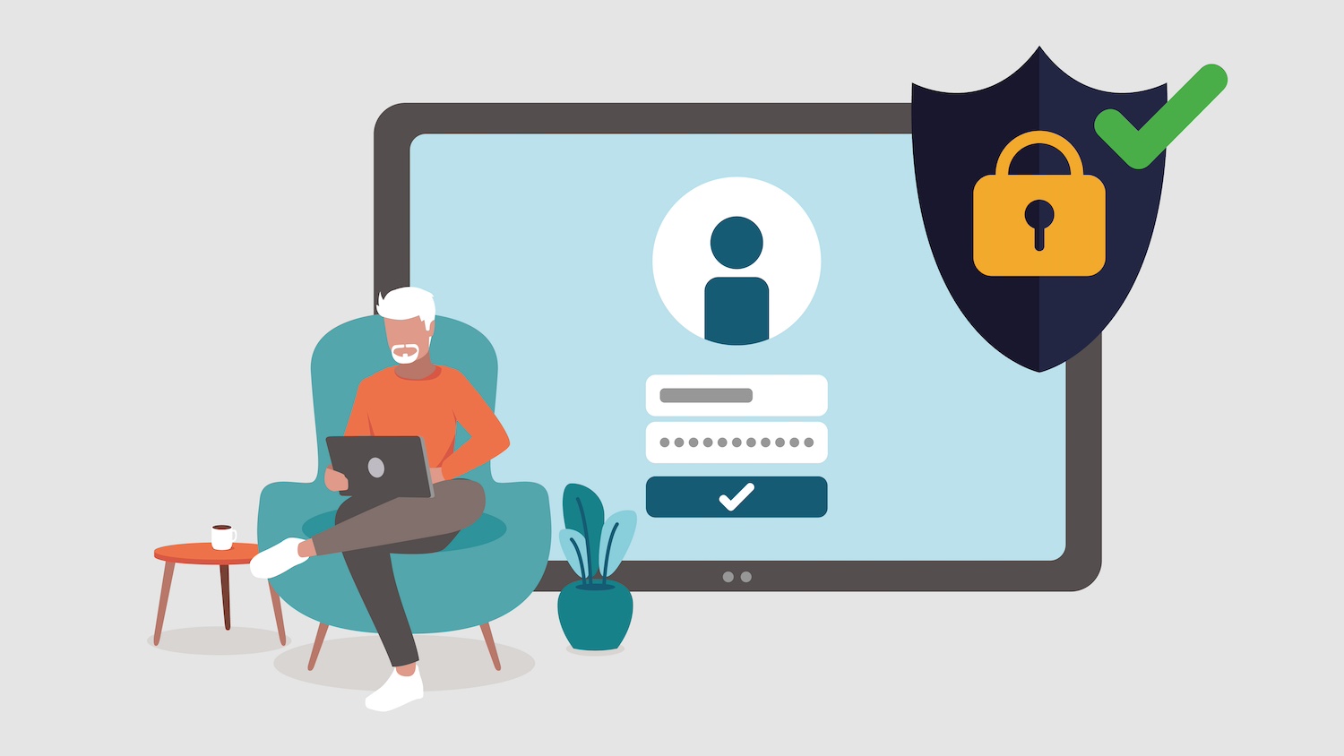 Illustration of a man sitting in a chair with his laptop behind him is an illustration of a secure login screen