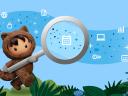 Illustration of Salesforce character Astro holding a magnifying glass to 8 icons representing trends