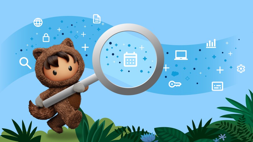 Illustration of Salesforce character Astro holding a magnifying glass to 8 icons representing trends