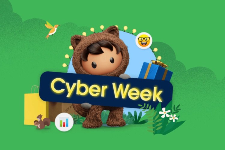 Salesforce mascot Astro holding a sign that says: "Cyber week".