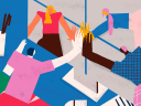 Colorful concept illustration of four people high-fiving, three of whom are extending their arms out from a computer screen.