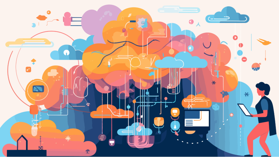 Concept illustration of large language model, with colorful clouds linked in a complex network and a person on the right holding a tablet.