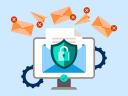Illustration of a verified email on a computer screen, featuring a green shield over an envelope. There are other unverified emails unsuccessfully reaching the computer. / email authentication