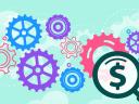 Illustration of cogs turning together with a magnifying glass and a dollar symbol