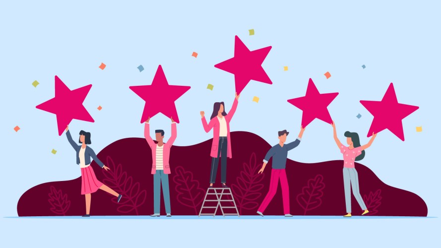Illustration showing people holding pink stars against a blue background.