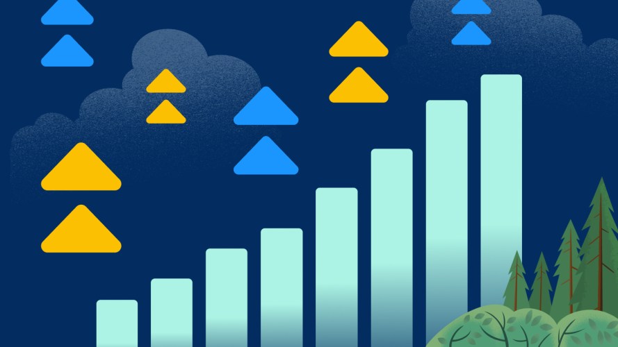 Bar charts on blue background with arrows pointing up: sales revenue