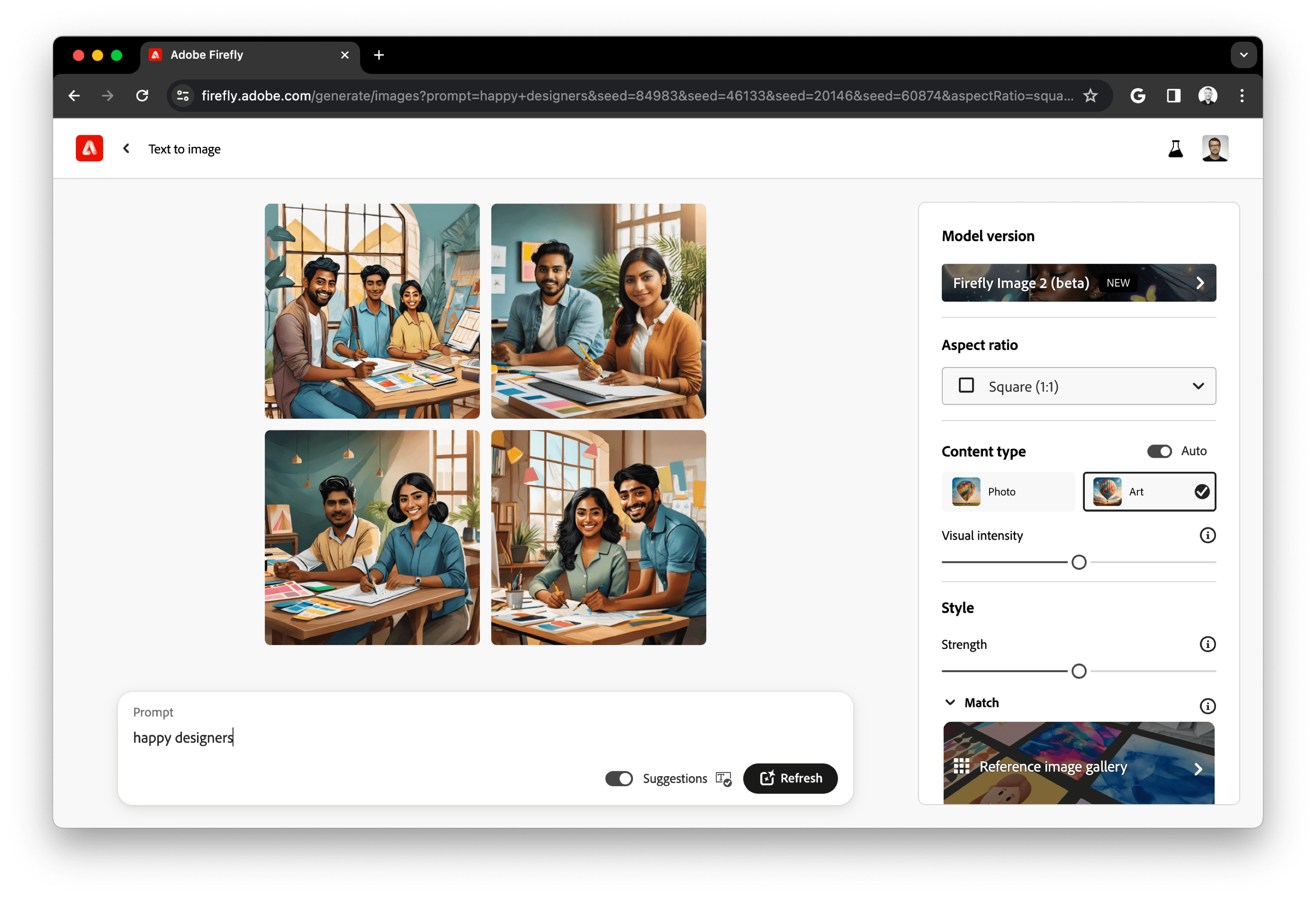 Adobe Firefly screen with 4 AI-generated images and a style panel on the right.