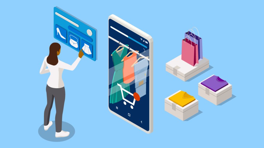 An illustration of a shopper buying clothes using a smartphone: ecommerce merchandising