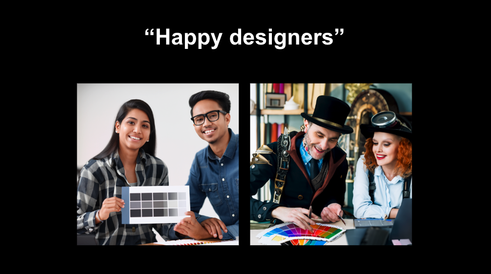 "Happy designers" prompt yields a shot of young designers smiling at the camera and wearing typical button-up shirts. A second image shows two people dressed in what appears to be costumes and hats.