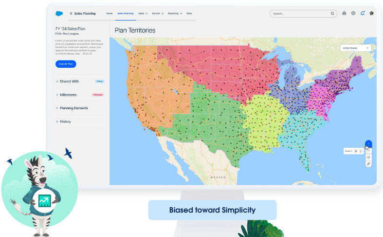 U.S. map in Salesforce, divided into color-coded territories and shows points that represent customers.