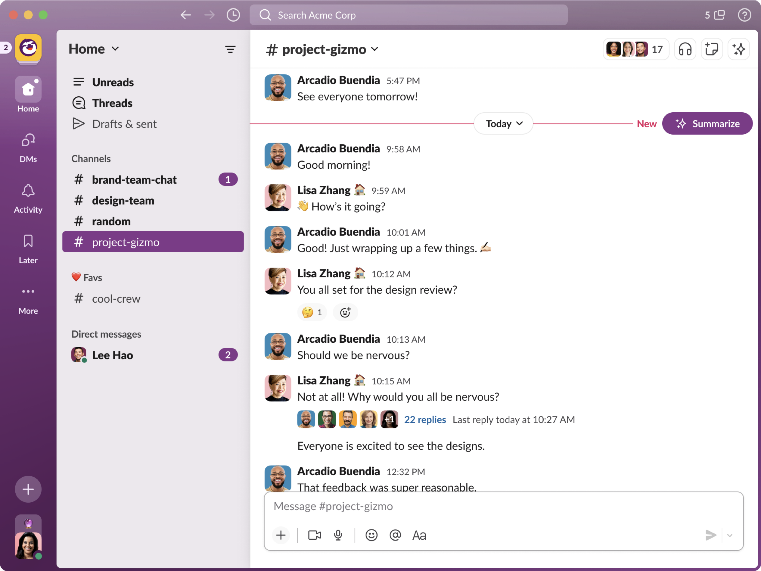 Slack screen with navigation on the left and threads of conversation on the right.