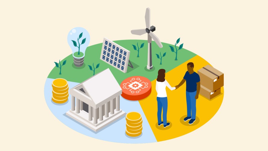 An illustration showing a man and woman shaking hands with depictions of various sustainability measures, like clean energy, pictured around them. AI for ESG