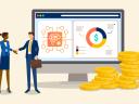 An illustration showing two people shaking hands in front of an AI in banking transaction screen.