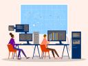 An illustration of two employees using government information technology.