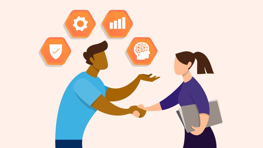 An illustration of a businessman and business woman shaking hands with four bubbles over their heads representing data, CRM, AI, and strategy.