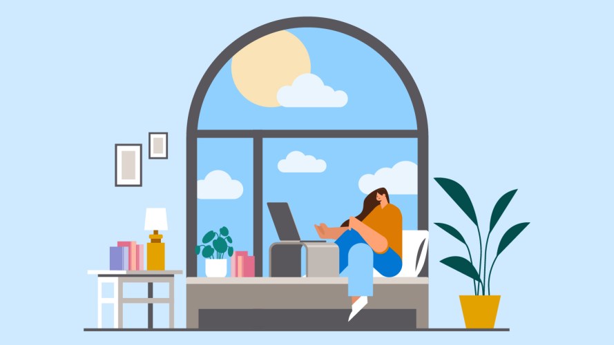 A person sits on a window seat and shops from her laptop while the sun shines outside: retail automation
