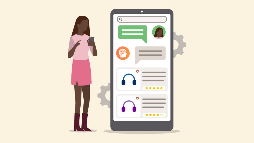 Illustration showing a woman wearing a pink sweater, pink skirt, and tall brown boots while looking at her phone. The image of her phone screen shows that she's interacting with a digital assistant and asking questions about which pair of headphones she should purchase.