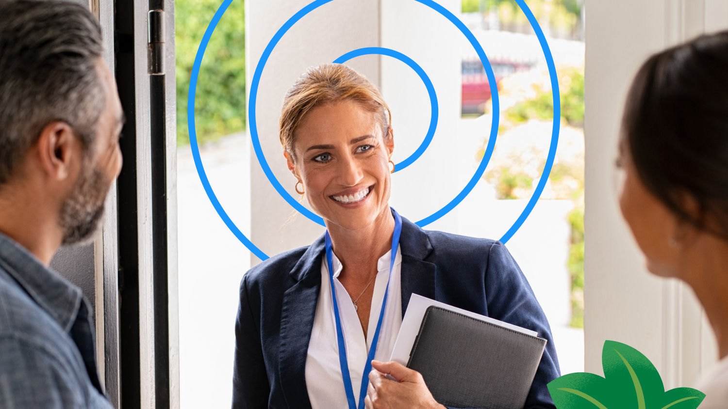 Outside sales rep smiling at clients