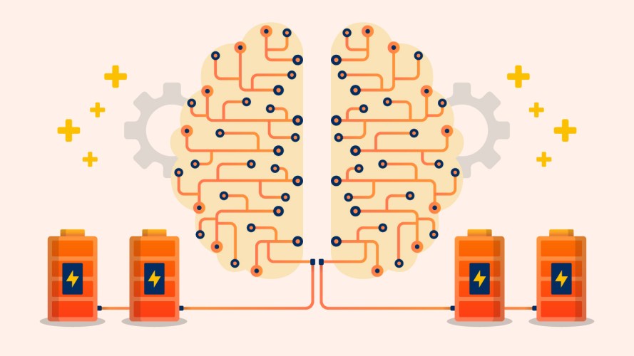 A graphic of a brain with a power grid embedded within it connected to four batteries to represent AI in energy and utilities.