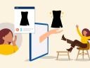 Illustration showing lead generation in action: a young woman shopping for a black dress online, looking excited when she receives it.