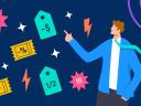 Illustration of a person on a blue background with price tags and dollar signs