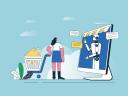 A robot inside a computer screen helps a woman with a wheeled cart shop as part of retail AI strategy.