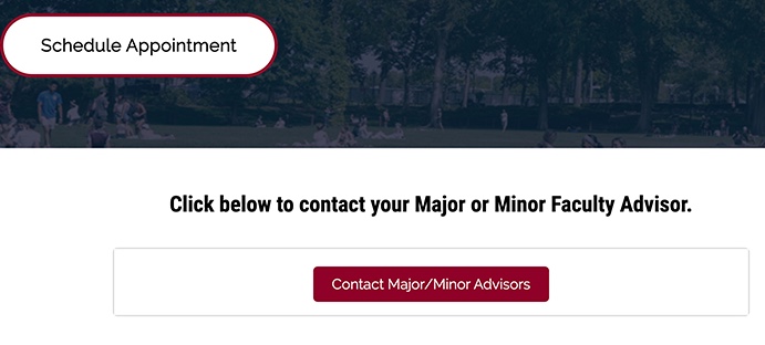 The first calls-to-action on the app homepage are to Schedule Appointment and Contact Major/Minor Advisors.