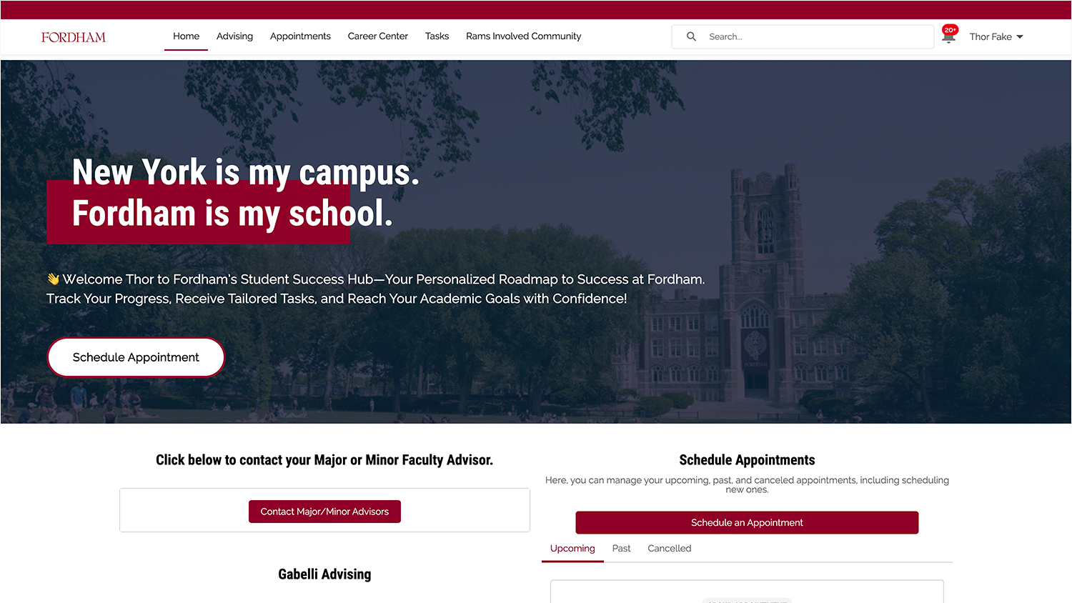 The homepage design of Fordham University's Student Success Hub