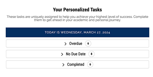 The user interface design for tasks on Fordham University's app now has a headline to clarity its purpose: Your Personalized Tasks.