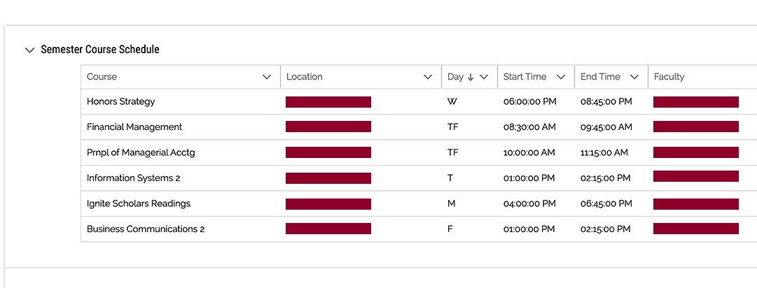 A grid view of the six classes a user is signed up for that semester.