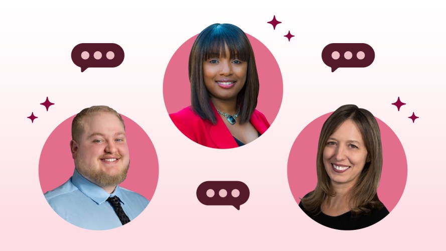Illustration of three email engagement marketers on a pink background