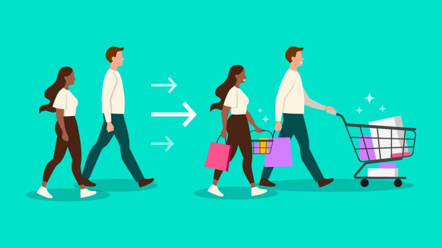 Image depicting empty-handed visitors entering a website, then leaving with shopping bags in-hand, signifying conversion and purchases