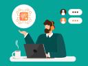 Illustration of a customer service agent sitting behind a computer with conversation bubbles and technology-related graphics floating above.