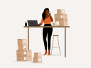 A small business owner uses technology and AI to prepare her inventory of boxes all around her in her office home.