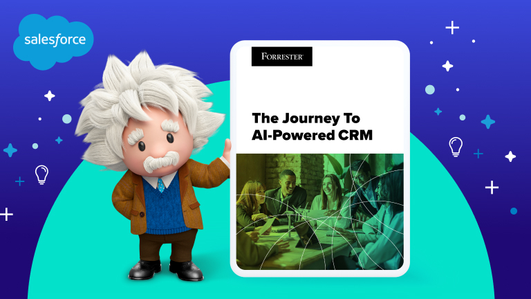 Salesforce's Einstein holds the Forrester report on The Journey to AI-Powered CRM