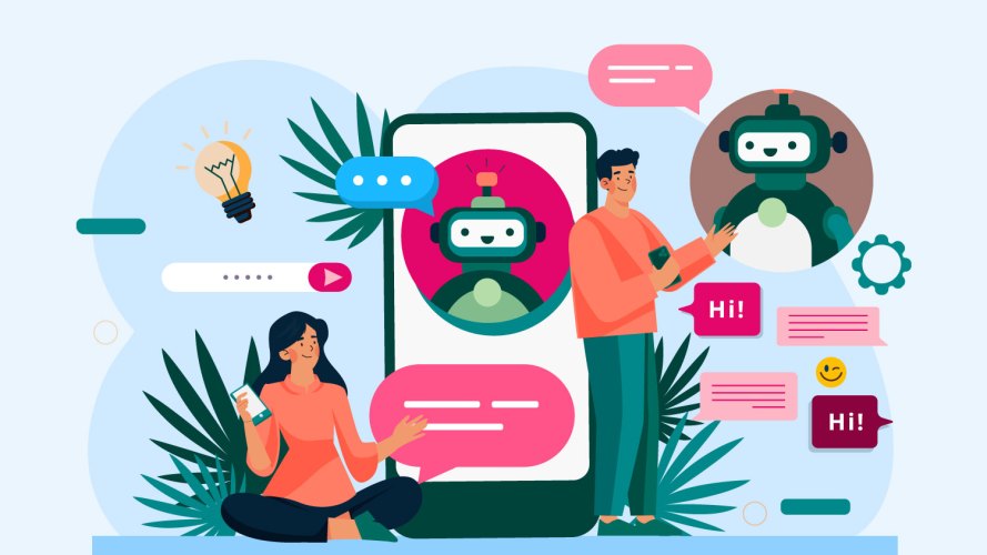 Illustration of two humans on their phones, engaging in the contact center experience. Between and around them are illustrations of text bubbles, messages, search bars, emoticons, and robots/chatbots.