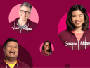 4 smiling Serviceblazers in circles - 3 women and 1 man - all in maroon hoodies with the word Serviceblazer on them