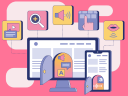 Colorful illustration of desktop and mobile screens with floating boxes that each depict accessibility considerations in the human-centered design process.